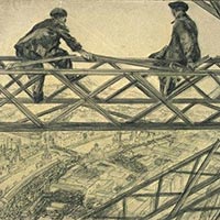 Illustarion montrant deux ouvriers assis sur une poutre de la tour Eiffel