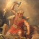 Thor brandissant son marteau magique dans une bataille contre les géants.